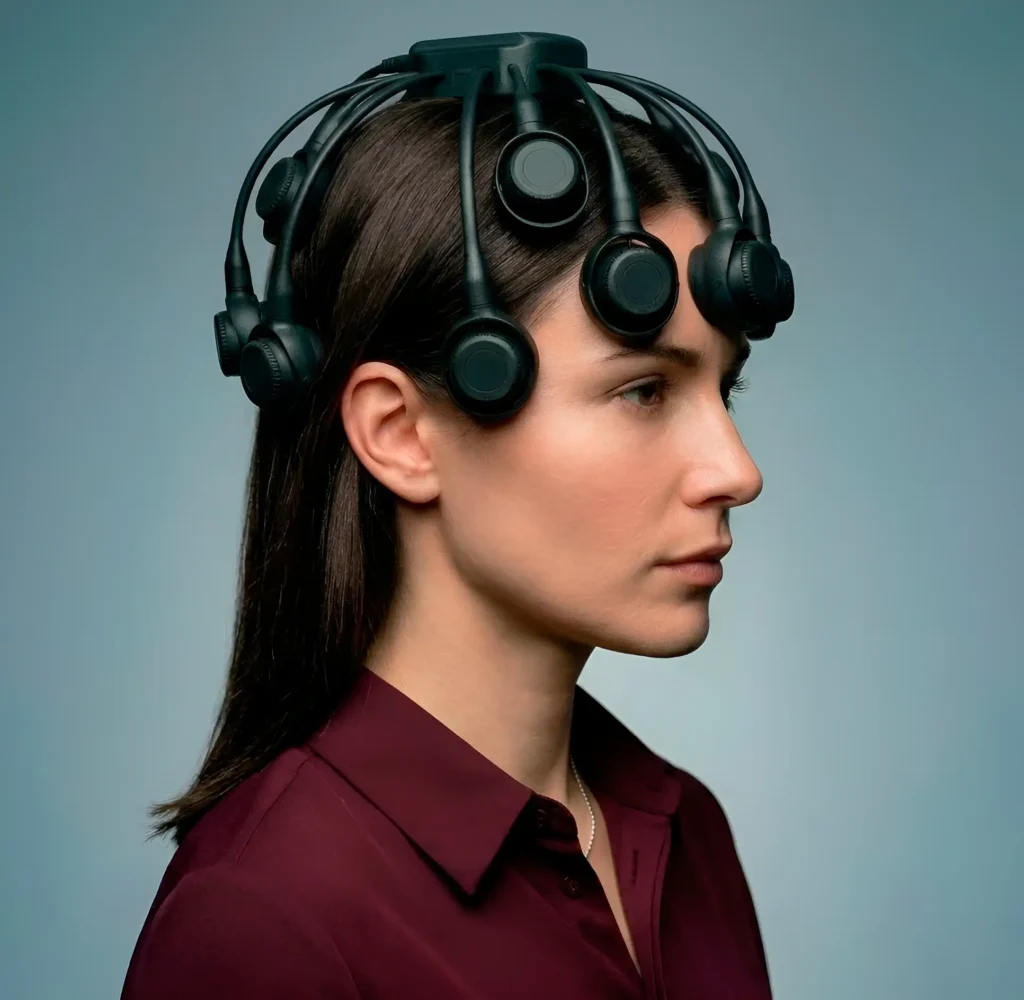 Mujer con casco de EEG durante una sesión de neurofeedback
