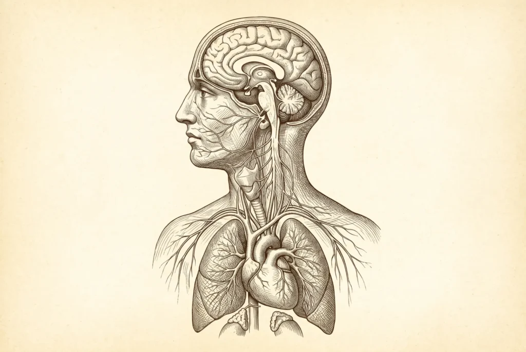 Grabado anatómico del cerebro conectado con el corazón y los pulmones, ilustración de la carga alostática que precede al burnout