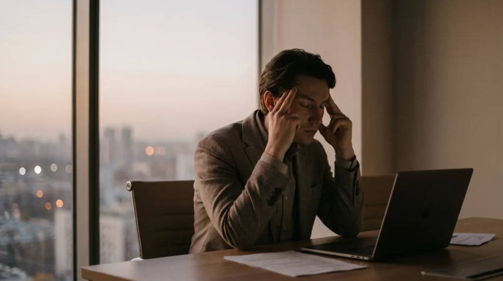 Profesional agotado en su despacho al anochecer con las manos en las sienes, uno de los signos del burnout por estrés laboral crónico