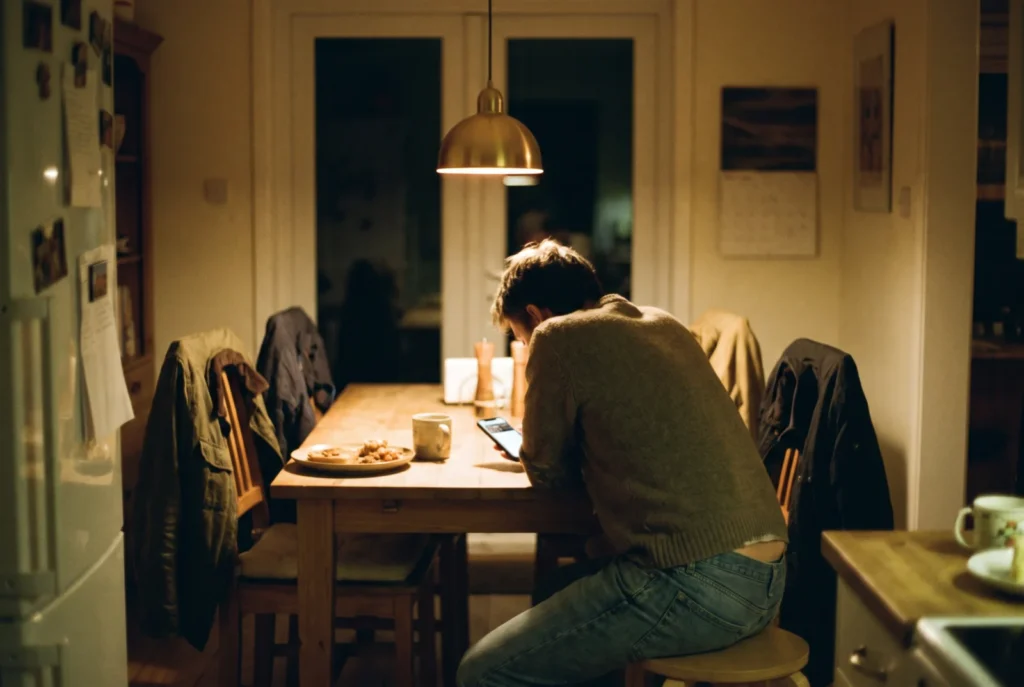 Persona respondiendo correos en la cocina de noche con la cena intacta, un síntoma del burnout: no poder desconectar del trabajo