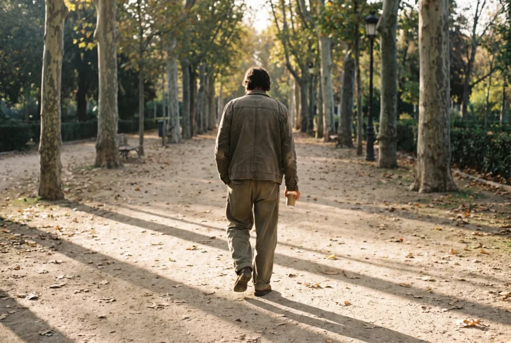 Persona paseando por un parque de Madrid a primera hora, imagen de la recuperación del burnout con descanso real